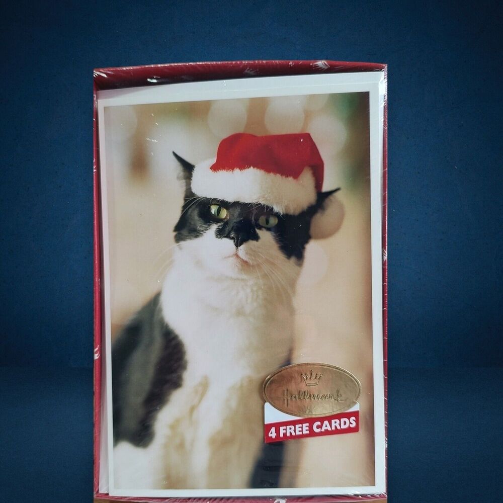 Sealed Vintage Hallmark Black White Cat Santa Claws Merry Christmas Hat 22 Cards